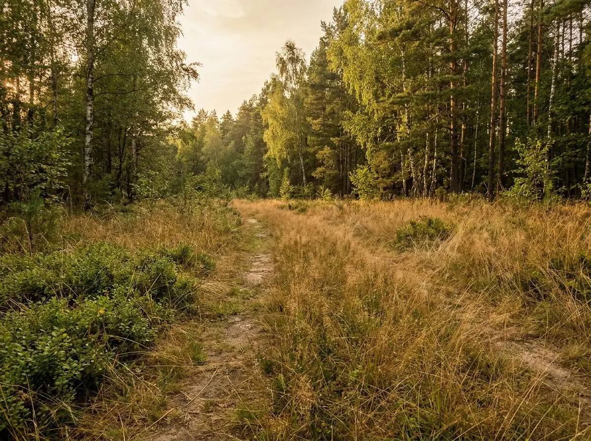 Path through tall dry grass at the edge of the woods — classic tick country