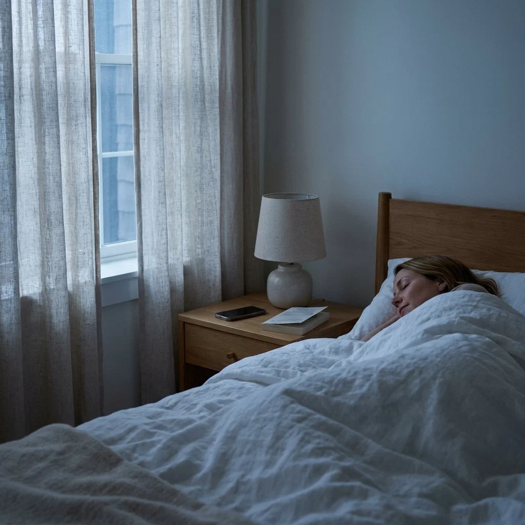 Kvinna som sover lugnt i ett ljust sovrum tidig morgon