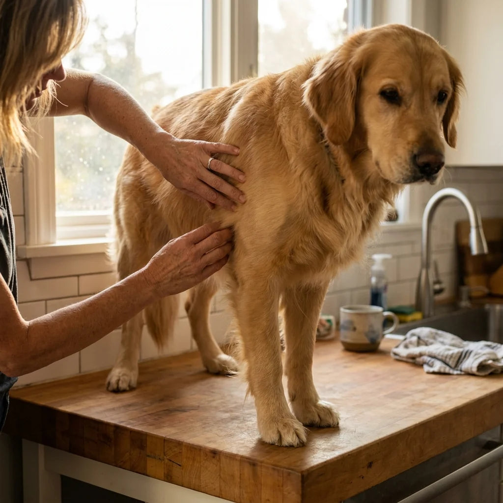 Person som känner igenom pälsen på en golden retriever inne i ett kök