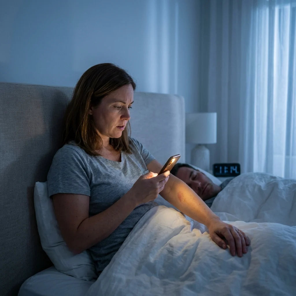 Kvinna som sitter uppe i sängen sent på kvällen och lyser med mobilen på en fläck på armen